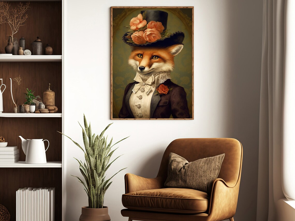 Victorian Lady Fox Top Hat Roses Formal Portrait Vintage Gothic Animal Poster - Image 2