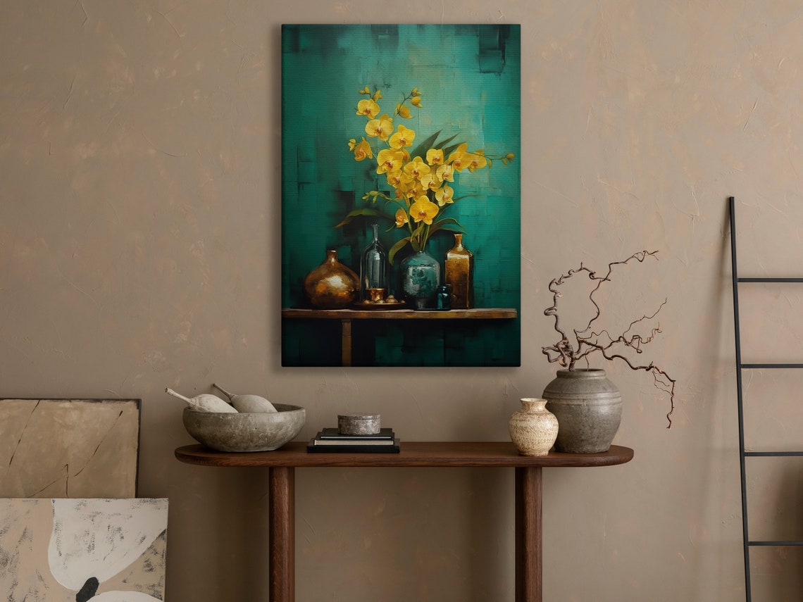 Golden Orchids Teal Vase Brass Bottles Modern Still Life Poster - Image 3