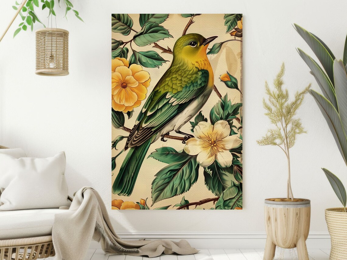 Vintage Green Bird Botanical Print Flowering Branch Songbird Poster - Image 2