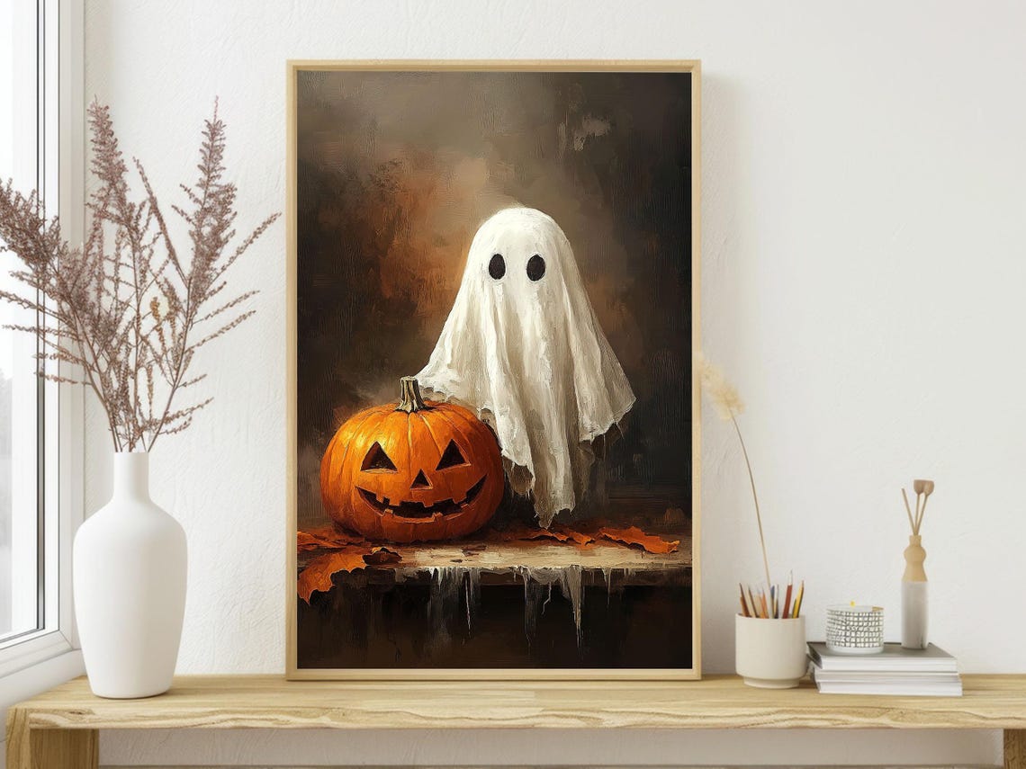 Cute Ghost With Jack O Lantern Pumpkin Vintage Halloween Print - Image 4