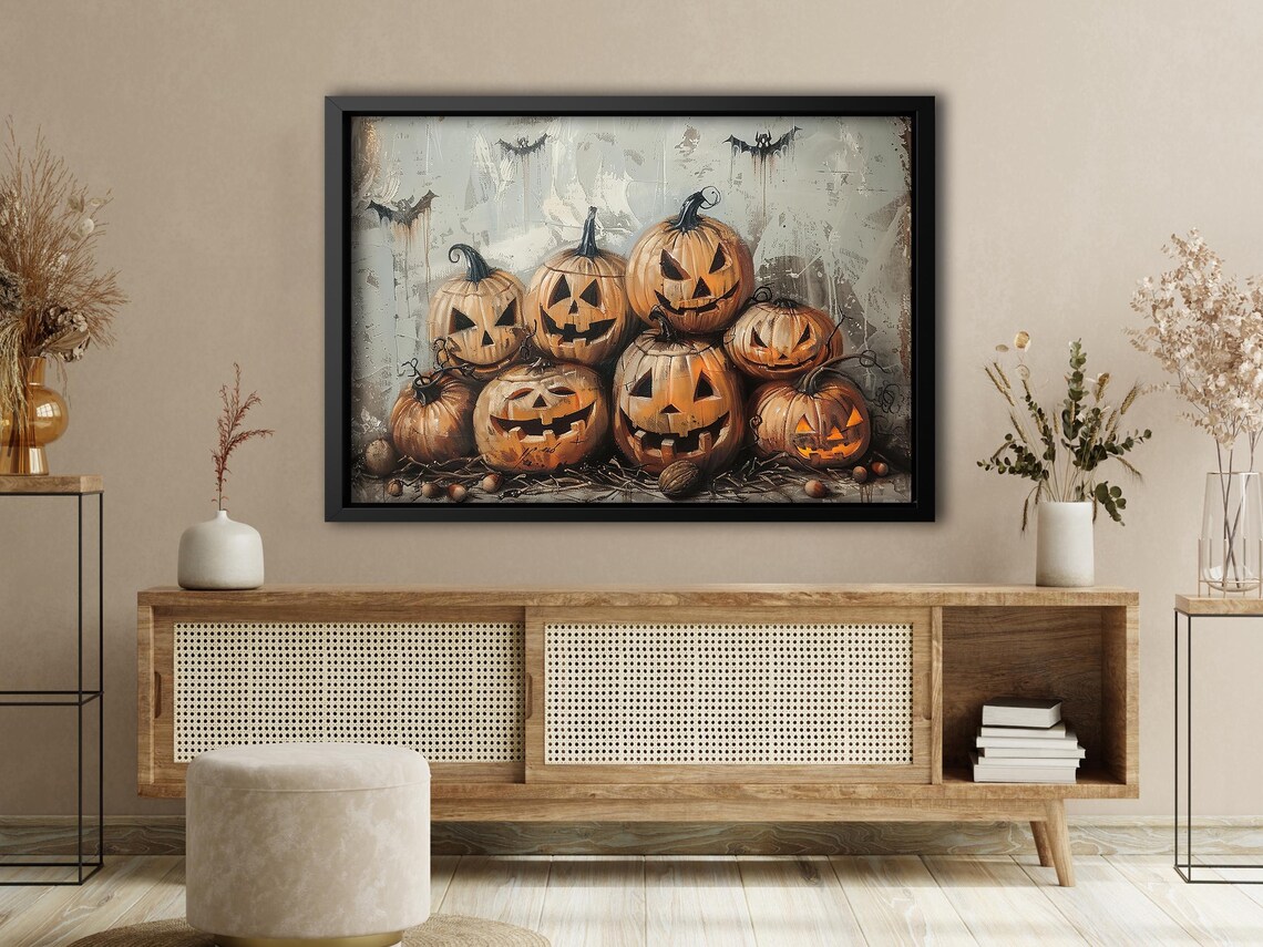 Stacked Jack O Lantern Pumpkins with Bats Vintage Harvest Halloween Poster - Image 4