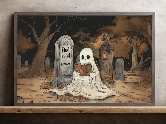 Cute Ghost Reading Final Read in Peace Cemetery Cartoon Halloween Poster