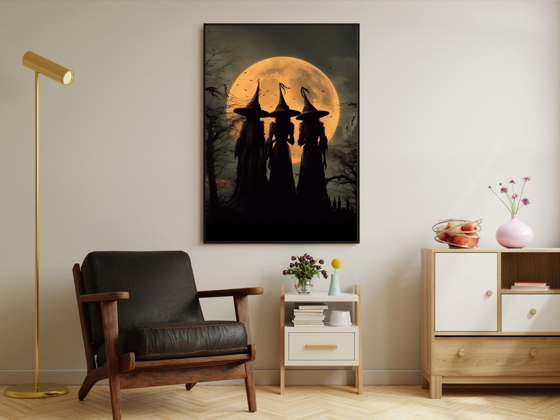Three Witches Silhouette Harvest Full Moon Gothic Halloween Art Poster - Image 4