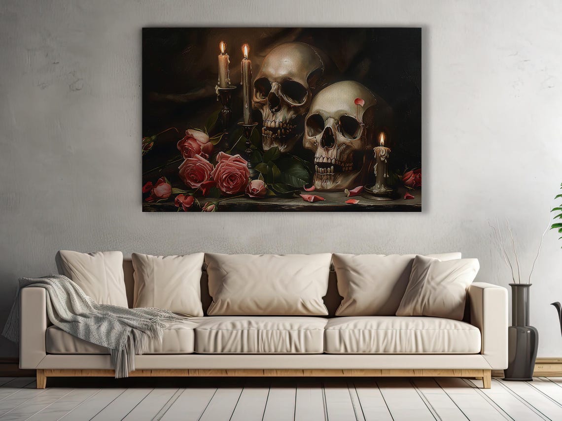 Two Skulls with Red Roses and Candles Dark Academia Still Life Poster - Image 3