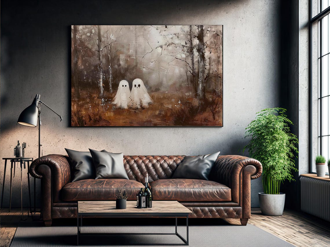 Two Sheet Ghosts in Misty Autumn Forest Impressionist Painting Poster - Image 2