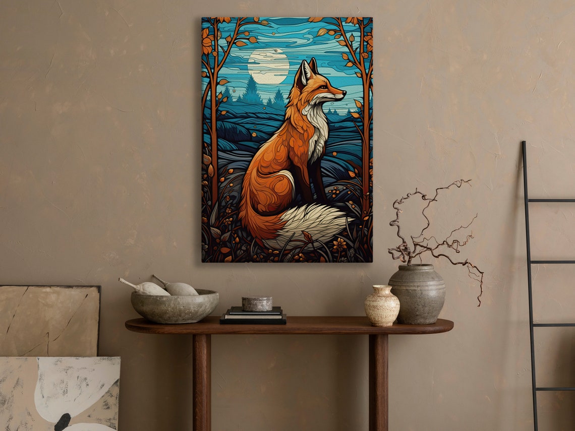 Red Fox Under Night Moon Stained Glass Style Autumn Forest Art Poster - Image 3
