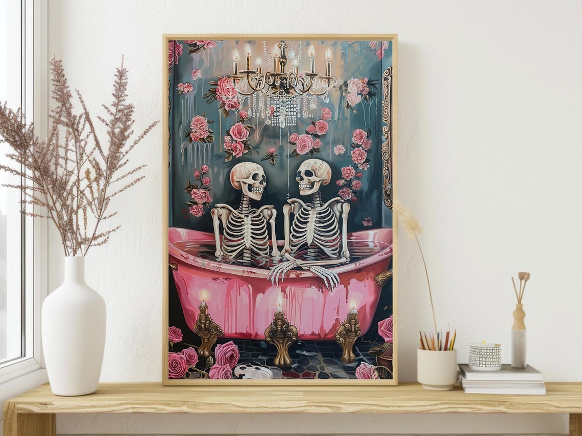 Two Skeletons Sharing Pink Bathtub With Roses Gothic Humor Print - Image 4