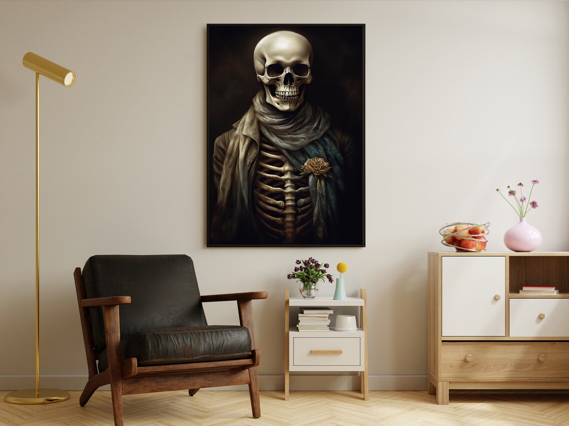 Dapper Skeleton Portrait Scarf Rose Boutonniere Dark Academia Art Poster - Image 3