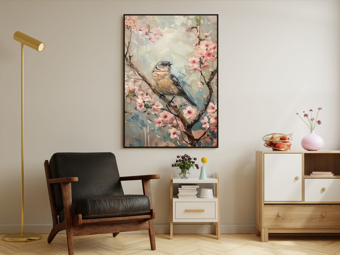 Vintage Peach Blossom And Bird Painting Flowers Art Print Cottage Flowers Print Esthetic Flowers Poster Flowers Wall Art - Image 4