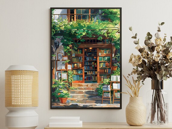 Cozy Bookstore Front Vines Bookshelves Illustration Bookshop Reading Nook Art Poster
