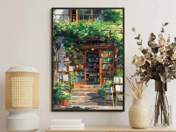 Vintage Bookstore Painting Retro Bookstore Print Cottage Book Print Library Wall Art Bookshelf Poster Print