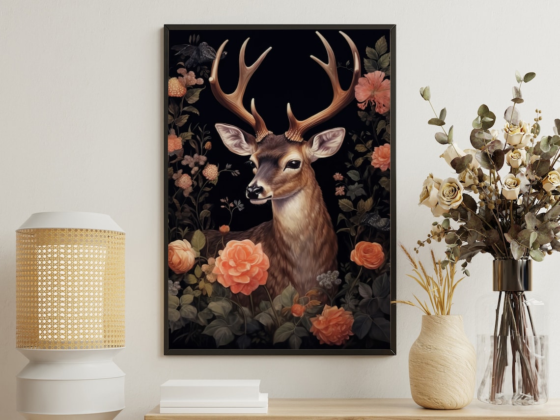 Majestic Stag Antlers Coral Flowers Dark Botanical Wildlife Art Poster