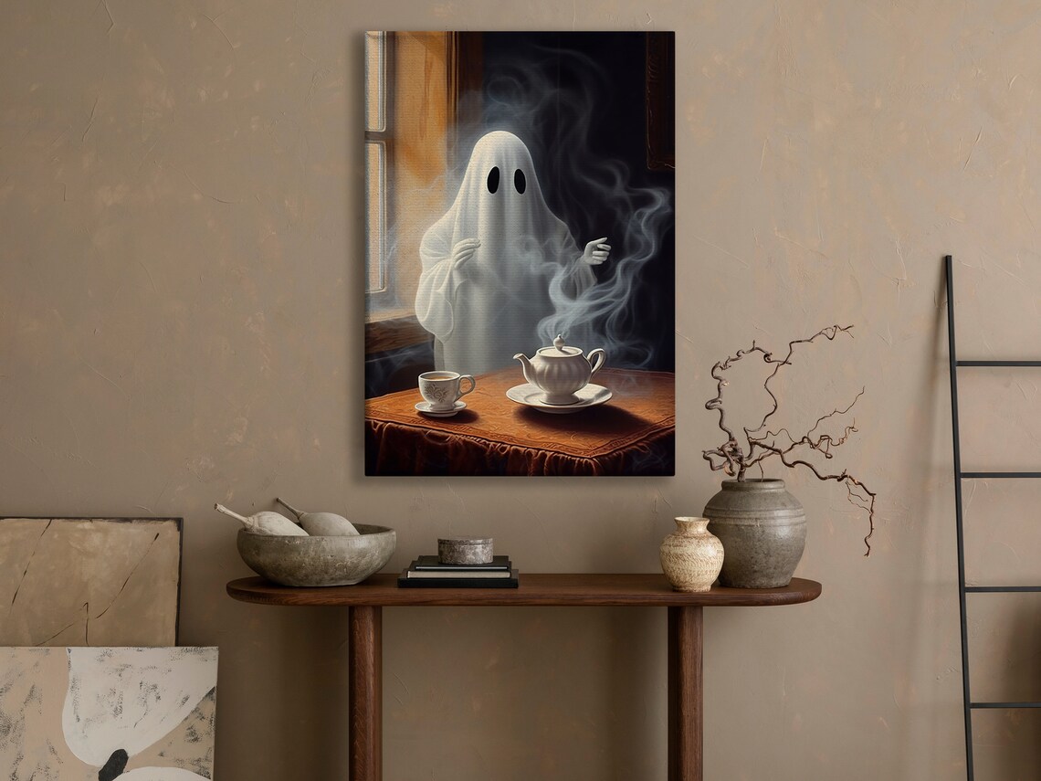 Cute Ghost Enjoying Steaming Tea Break Cozy Spooky Vintage Halloween Wall Art - Image 2