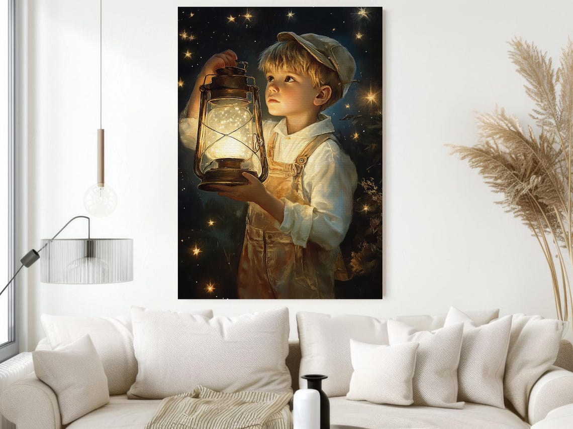 Vintage Boy Lantern Starry Night Fireflies Warm Christmas Wall Art - Image 4