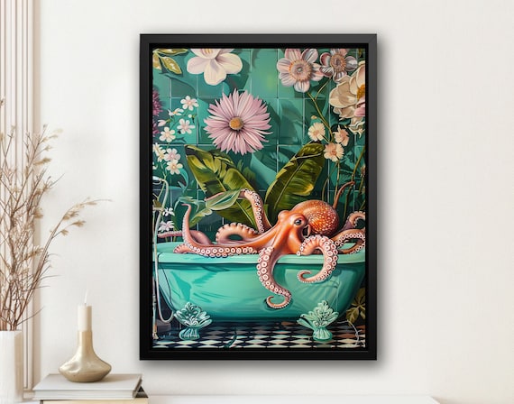 Whimsical Octopus Bathtub Tropical Flowers Teal Bathroom Art Painting Poster