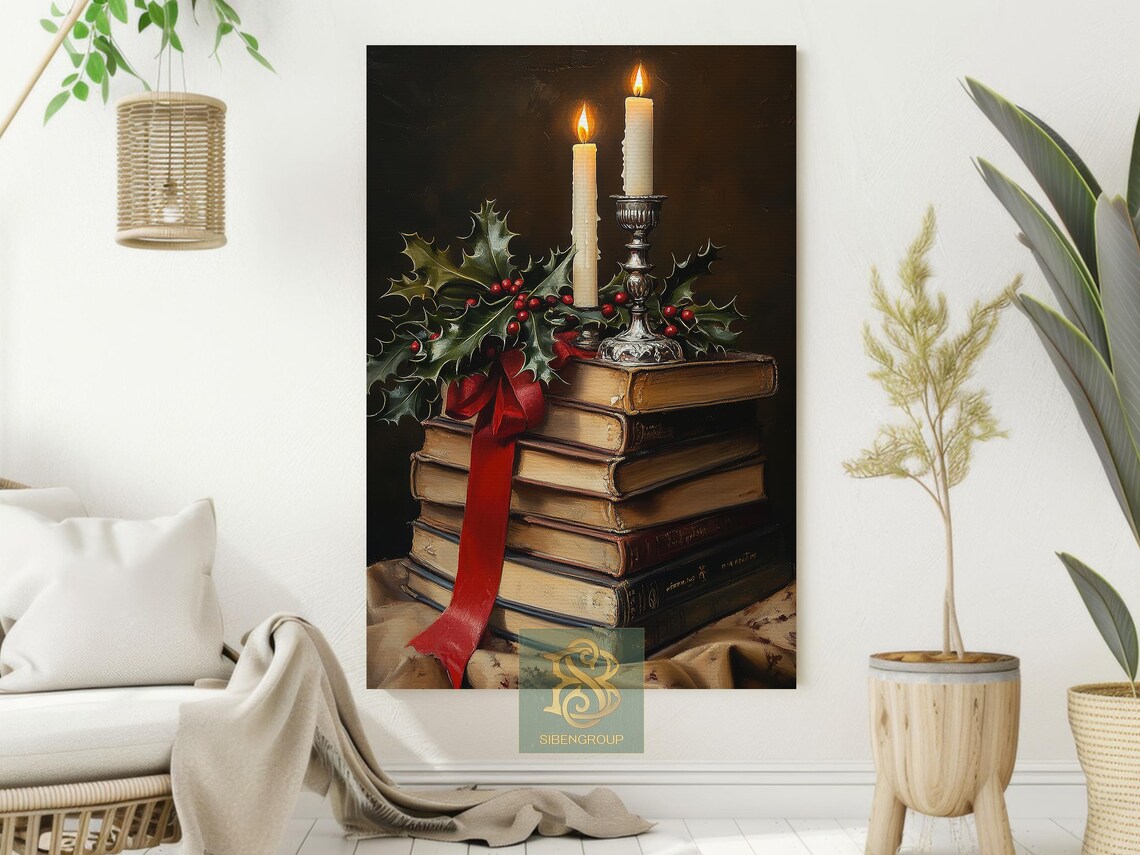 Old Books Tied With Red Ribbon Candles and Holly Vintage Art Print - Image 2