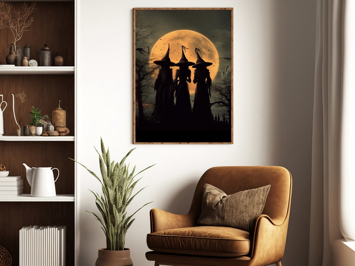 Three Witches Silhouette Harvest Full Moon Gothic Halloween Art Poster - Image 2