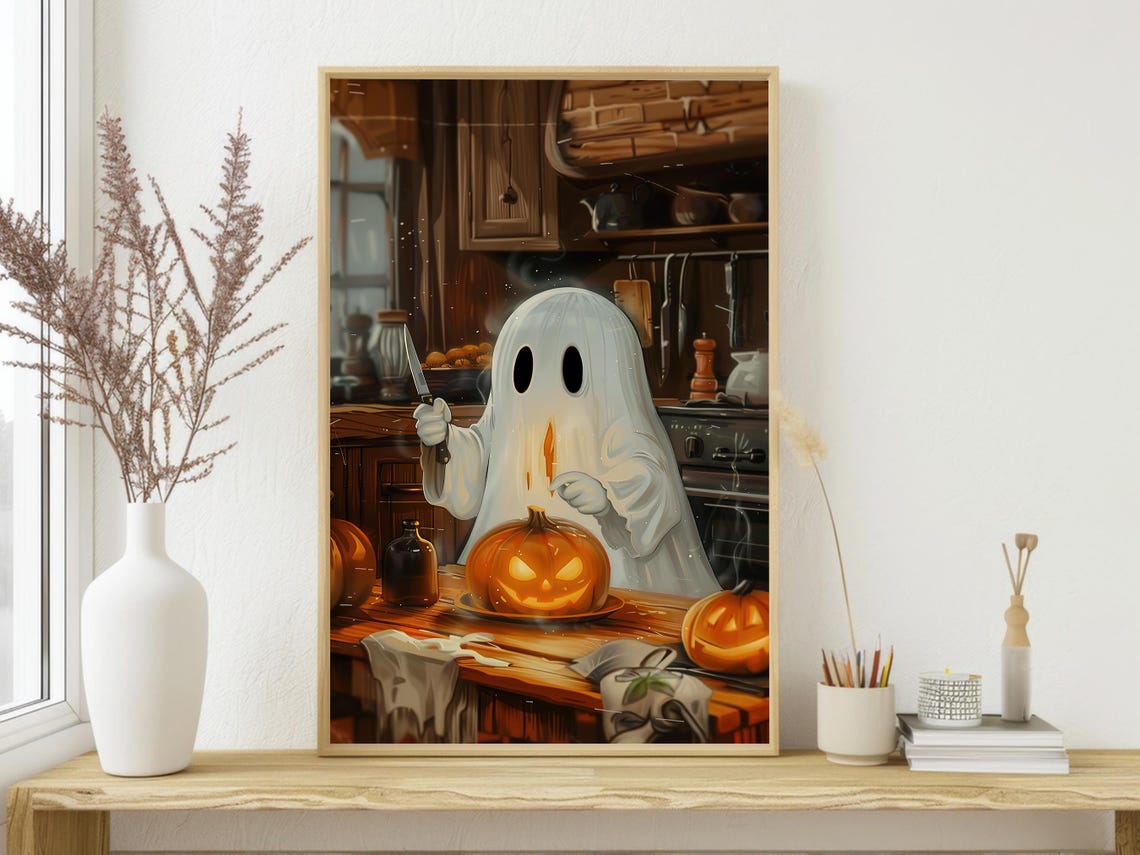 Ghost Carving Jack O Lantern Pumpkin in Cozy Kitchen Halloween Poster - Image 3