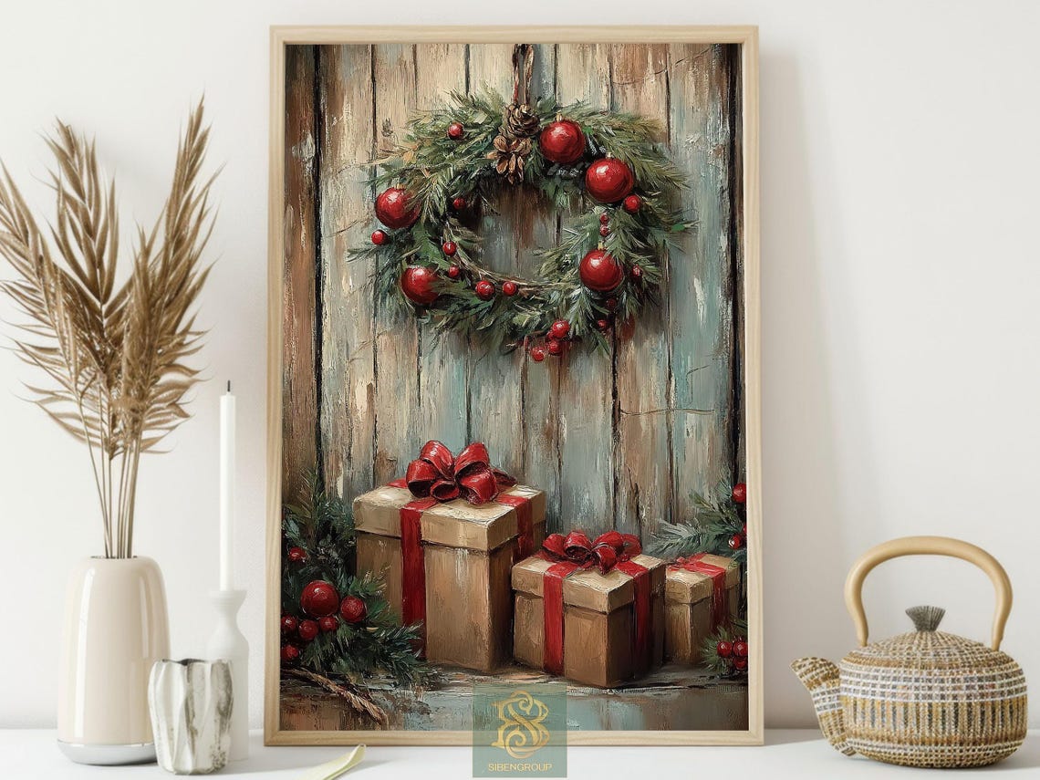 Rustic Christmas Wreath With Red Baubles and Gift Boxes Wall Art - Image 3