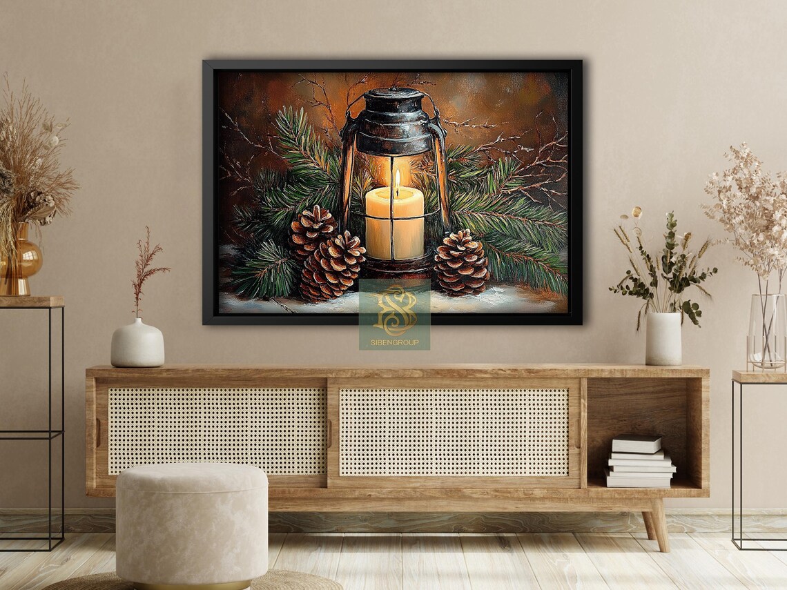 Cozy Christmas Lantern, Rustic Vintage Art Print - Image 4
