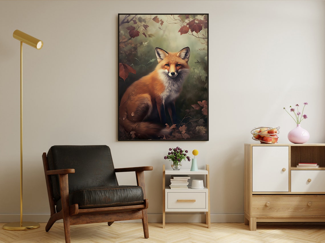 Red Fox Sitting In Autumn Forest With Falling Leaves Wildlife Print - Image 4