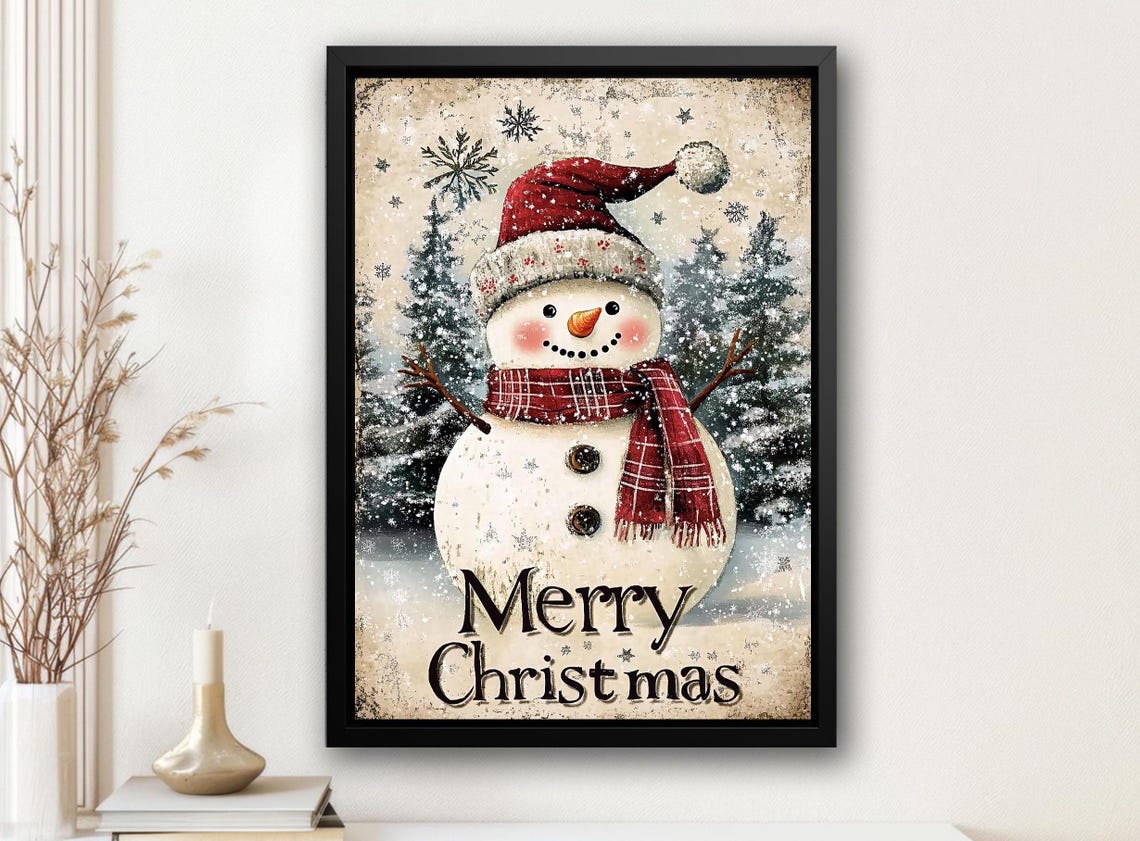 Smiling Snowman With Red Hat Plaid Scarf Merry Christmas Sign Poster