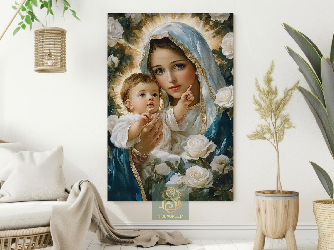 Mother Mary Madonna and Baby Jesus With White Roses Religious Poster - Image 3