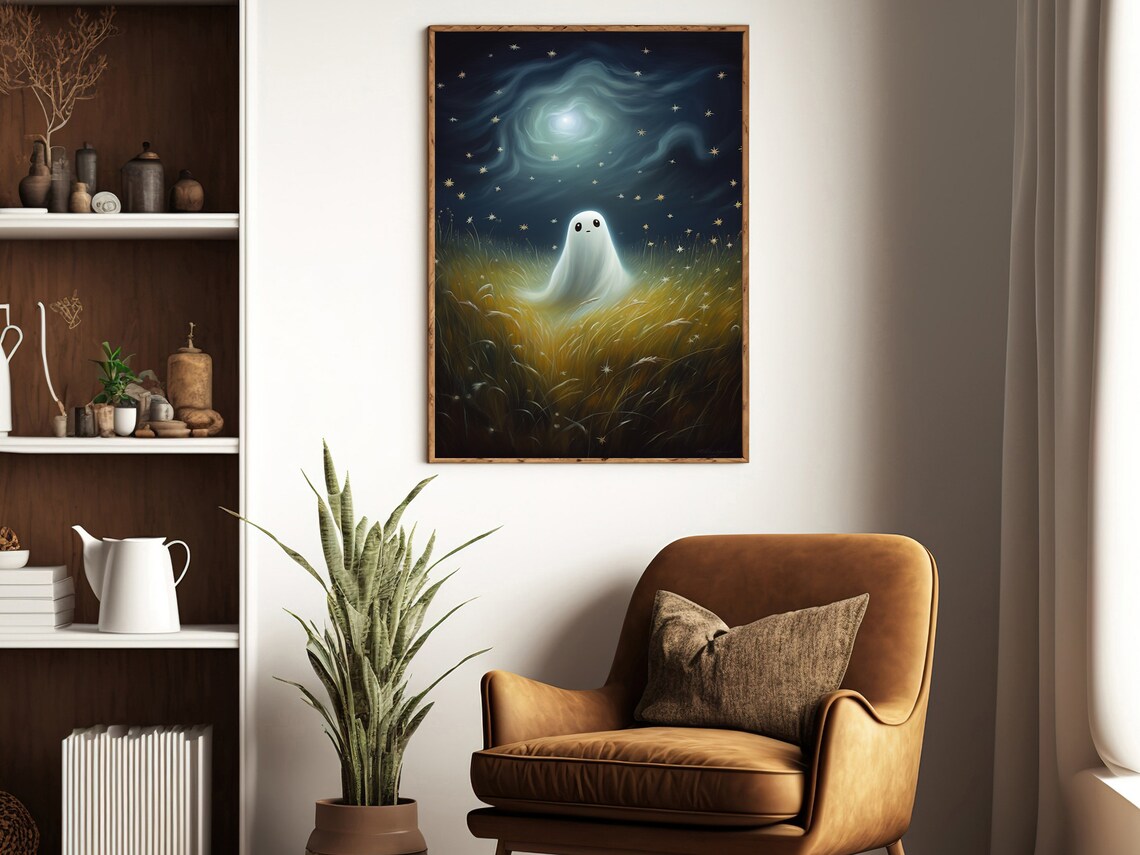 Cute Little Ghost In A Golden Wheat Field Under Starry Night Sky Poster - Image 4
