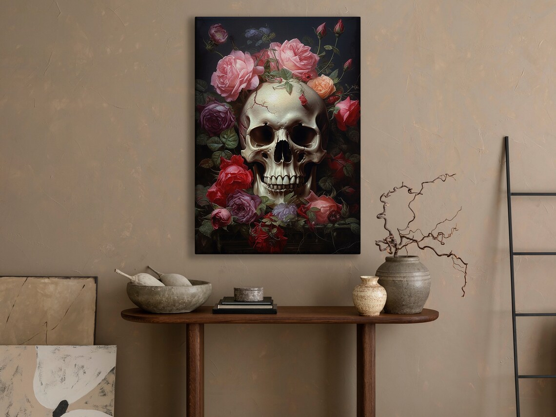 Skull Crowned With Pink Red Roses Dark Floral Gothic Vintage Baroque Poster - Image 4