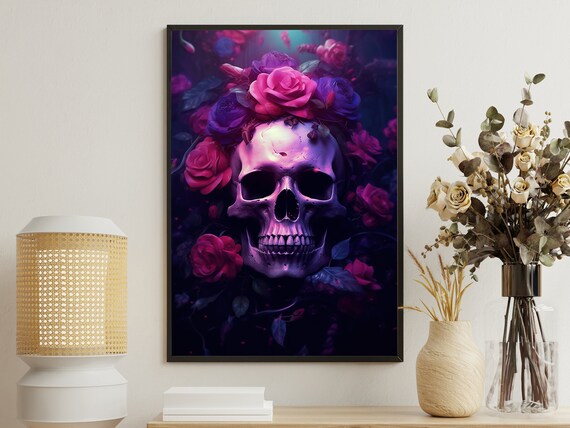 Neon Purple Skull Magenta Roses Dark Gothic Floral Art Poster