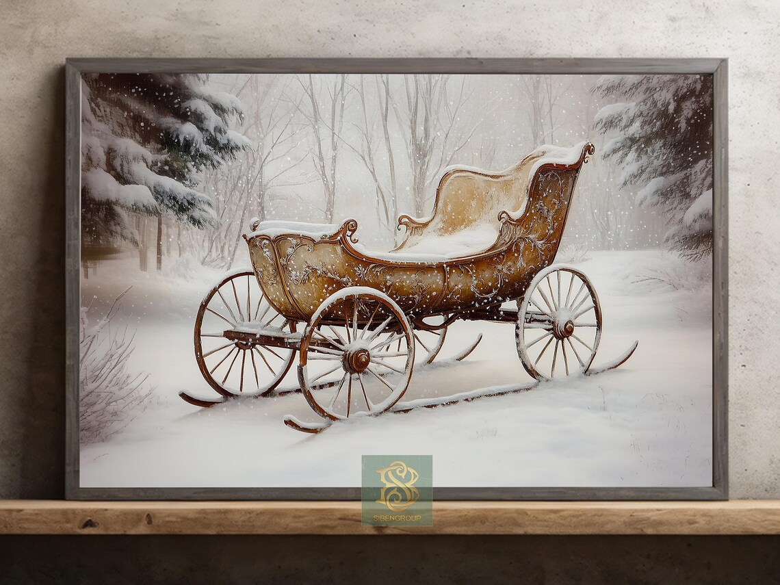 Vintage Santas Sleigh, Cottage Winter Poster, Christmas Decor