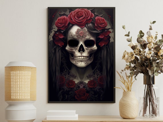 Dark Floral Skull Painting Skull Art Print Skull Print Gothic Art Print Dark Academia Art Skull Poster Print Skull Wall Decor