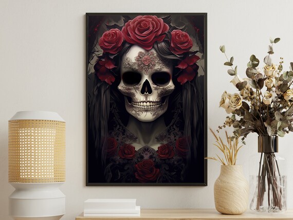 Sugar Skull Red Roses Day of the Dead Gothic Lady Art Poster