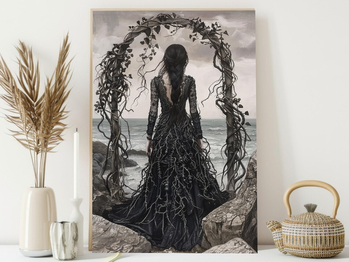 Dark Witch Gazing at Grey Coastline Under Twisted Vine Arch Art Poster - Image 4