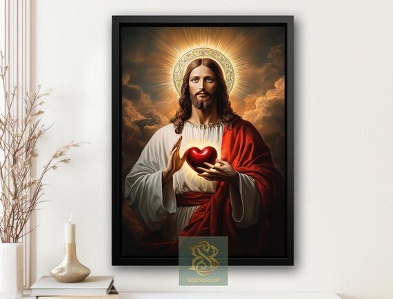 Sacred Heart Jesus Christ Holding Heart With Golden Halo Poster