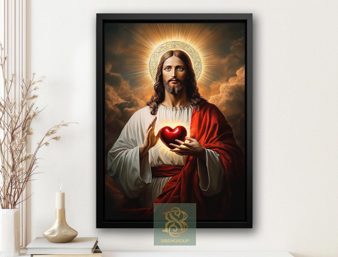 Sacred Heart Jesus Christ Holding Heart With Golden Halo Poster