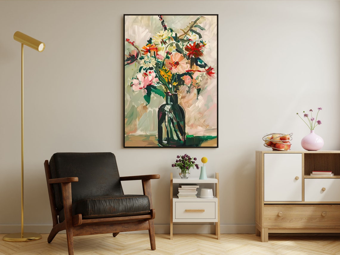 Loose Painterly Floral Bouquet In Dark Green Bottle Vase Art Print - Image 4