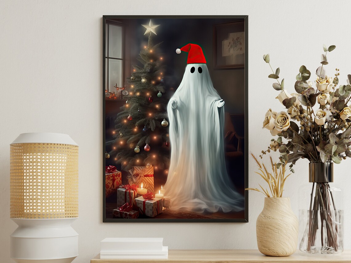 Christmas Ghost Beside Xmas Tree, Dark Gothic Art Print