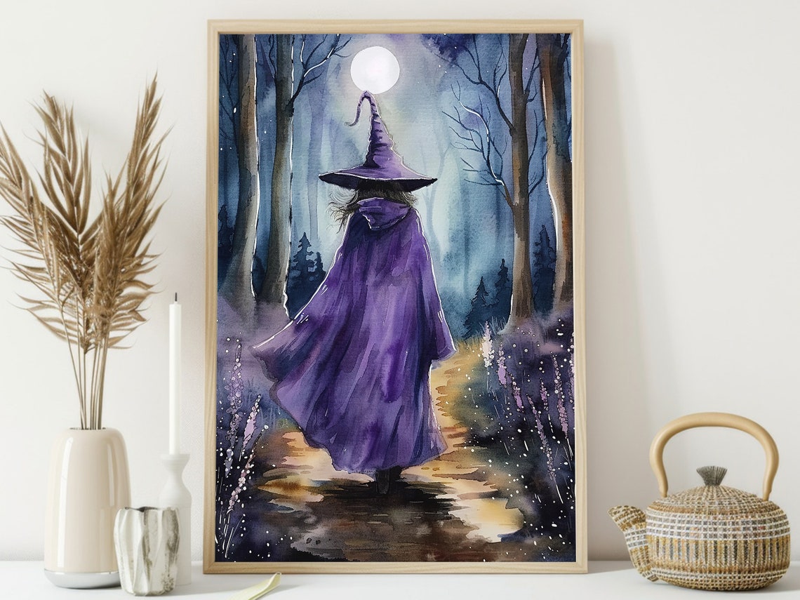 Witch In Purple Cloak Walking Moonlit Forest Path Watercolor Poster - Image 3