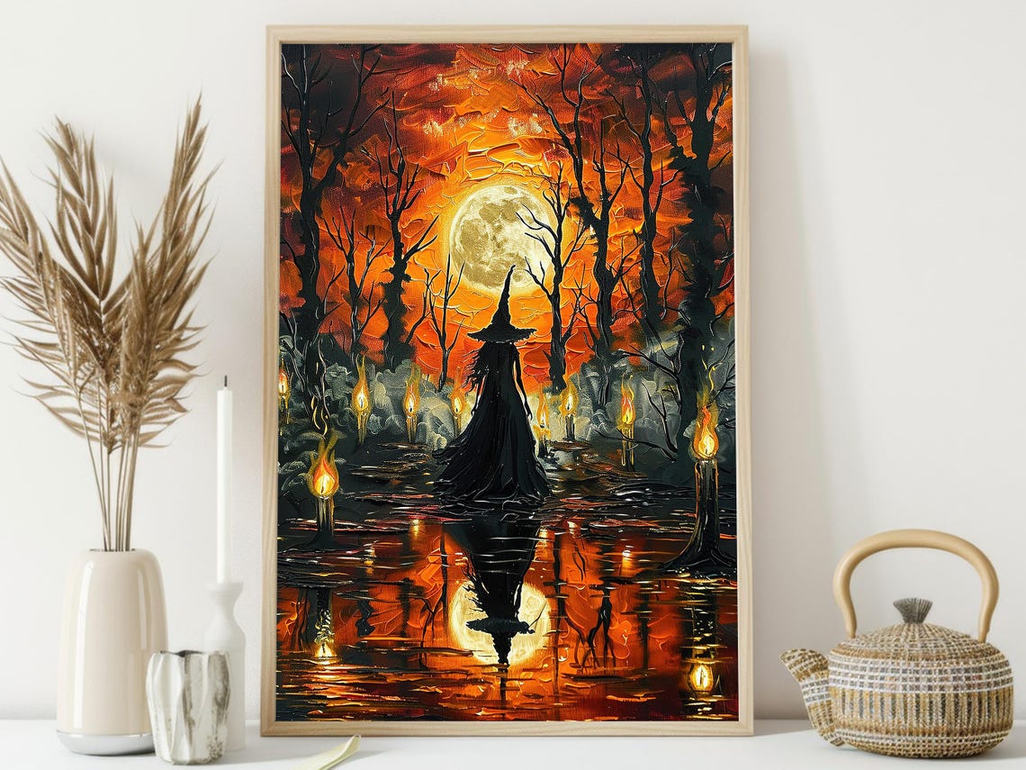 Witch Silhouette in Moonlit Water with Candles Fiery Night Art Poster - Image 3