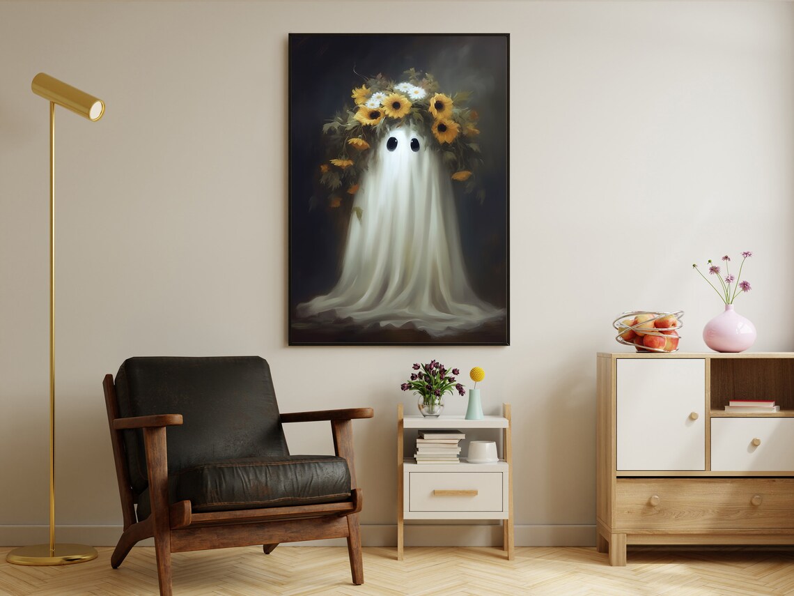 Cute Ghost Wearing Sunflower Crown Vintage Spooky Halloween Floral Poster - Image 3