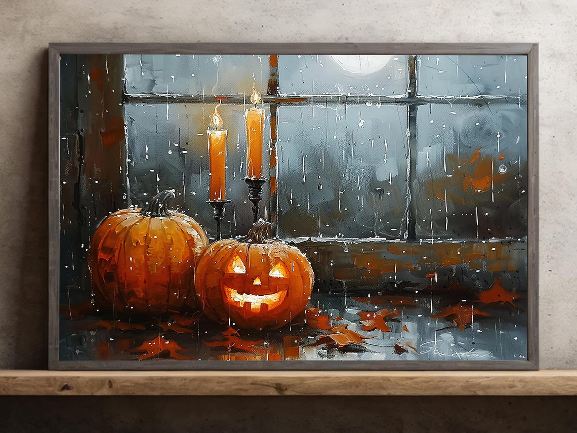Pumpkins and Candles by Rainy Window Impasto Autumn Painting Poster