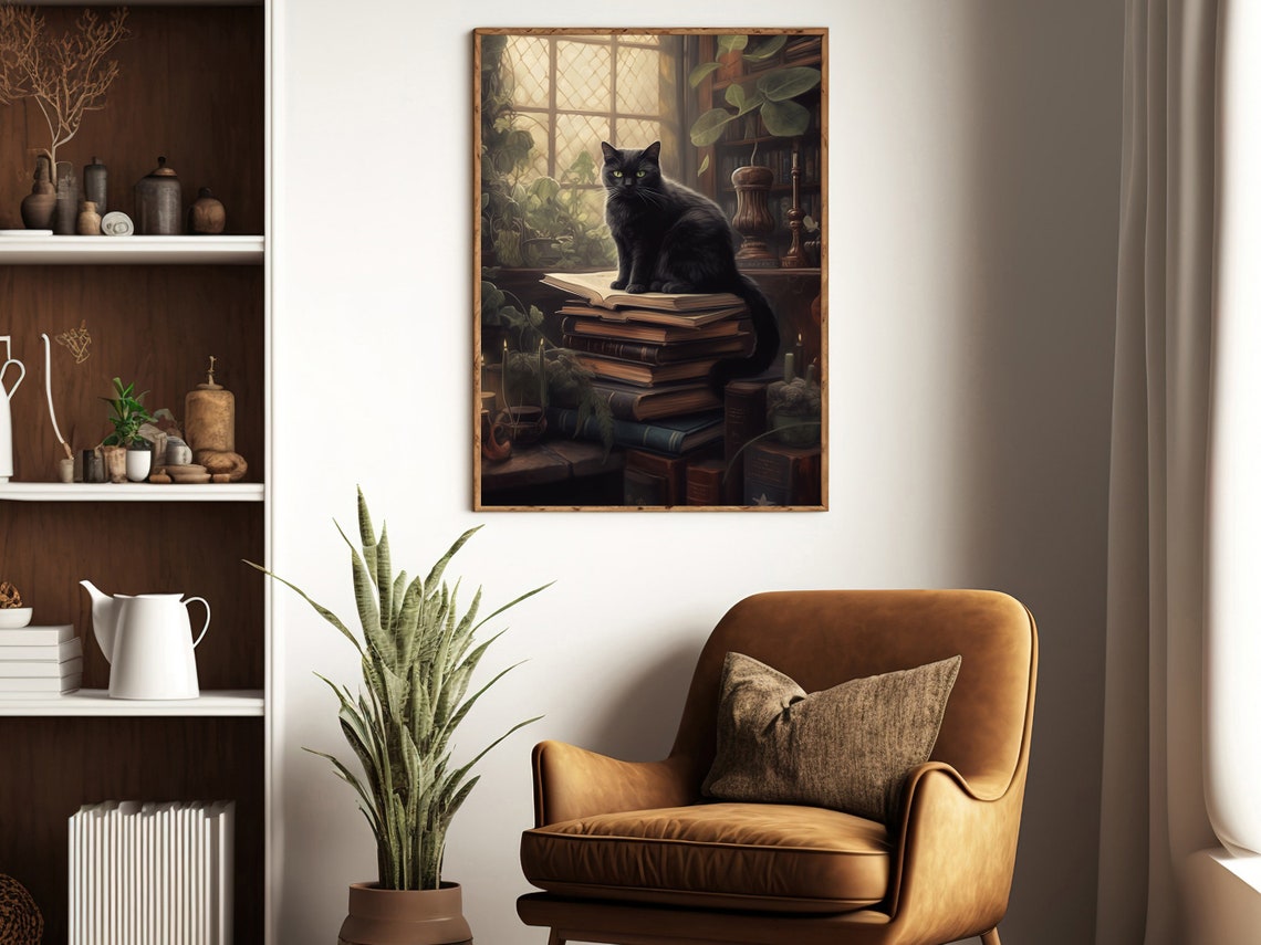 Cozy Black Cat Sitting On Old Books By A Library Window Poster - Image 4
