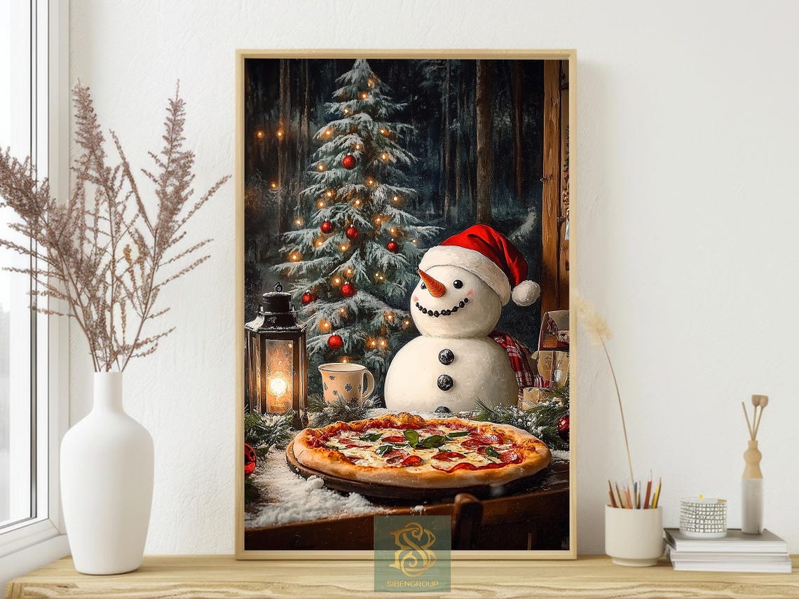 Cheerful Snowman In Santa Hat With Pizza Beside Christmas Tree Print - Image 4