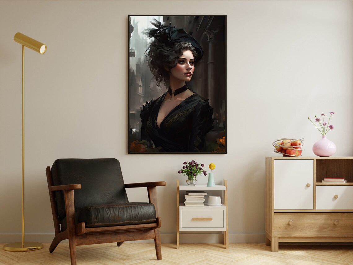 Victorian Lady In Black Gown With Feathered Hat Moody Elegant Art Poster - Image 3