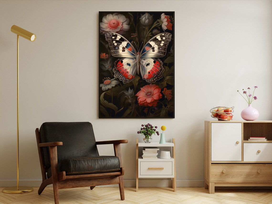 Moody Red Black And White Butterfly Among Vintage Florals Print - Image 2
