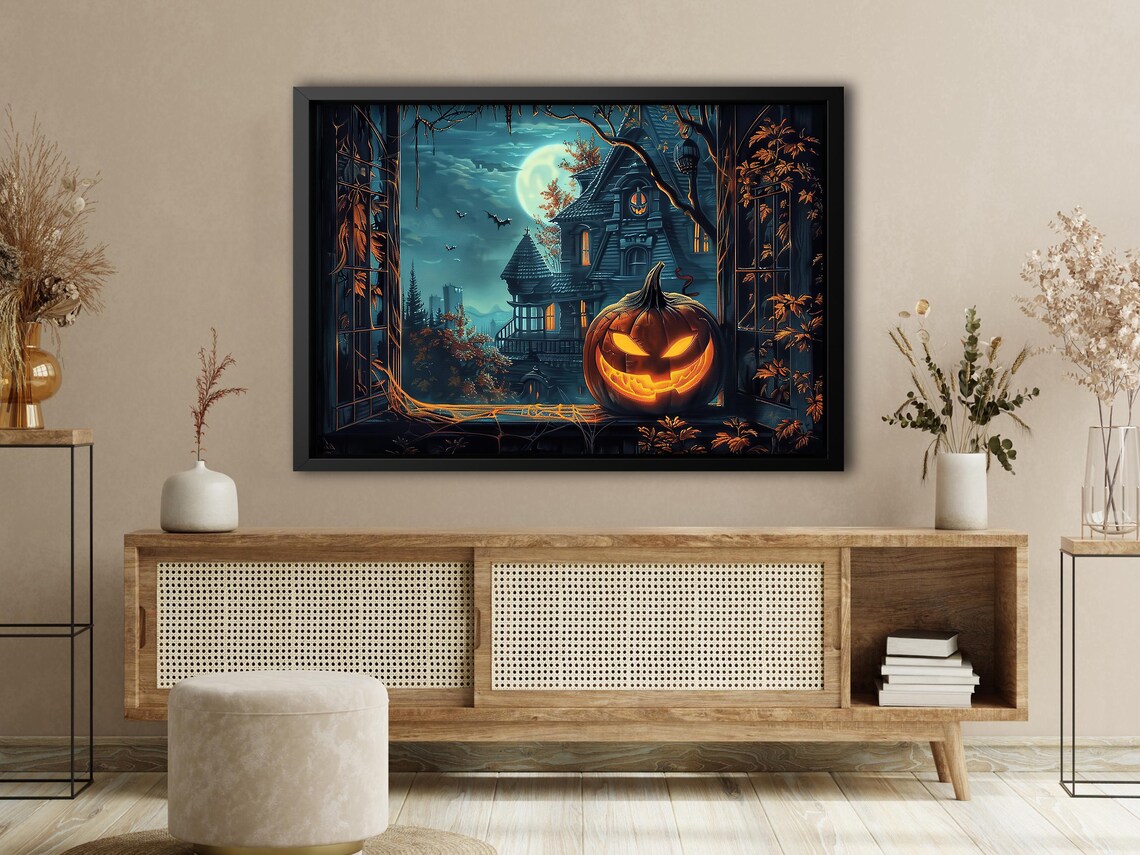 Glowing Jack O Lantern on Haunted House Windowsill Full Moon Night Poster - Image 4