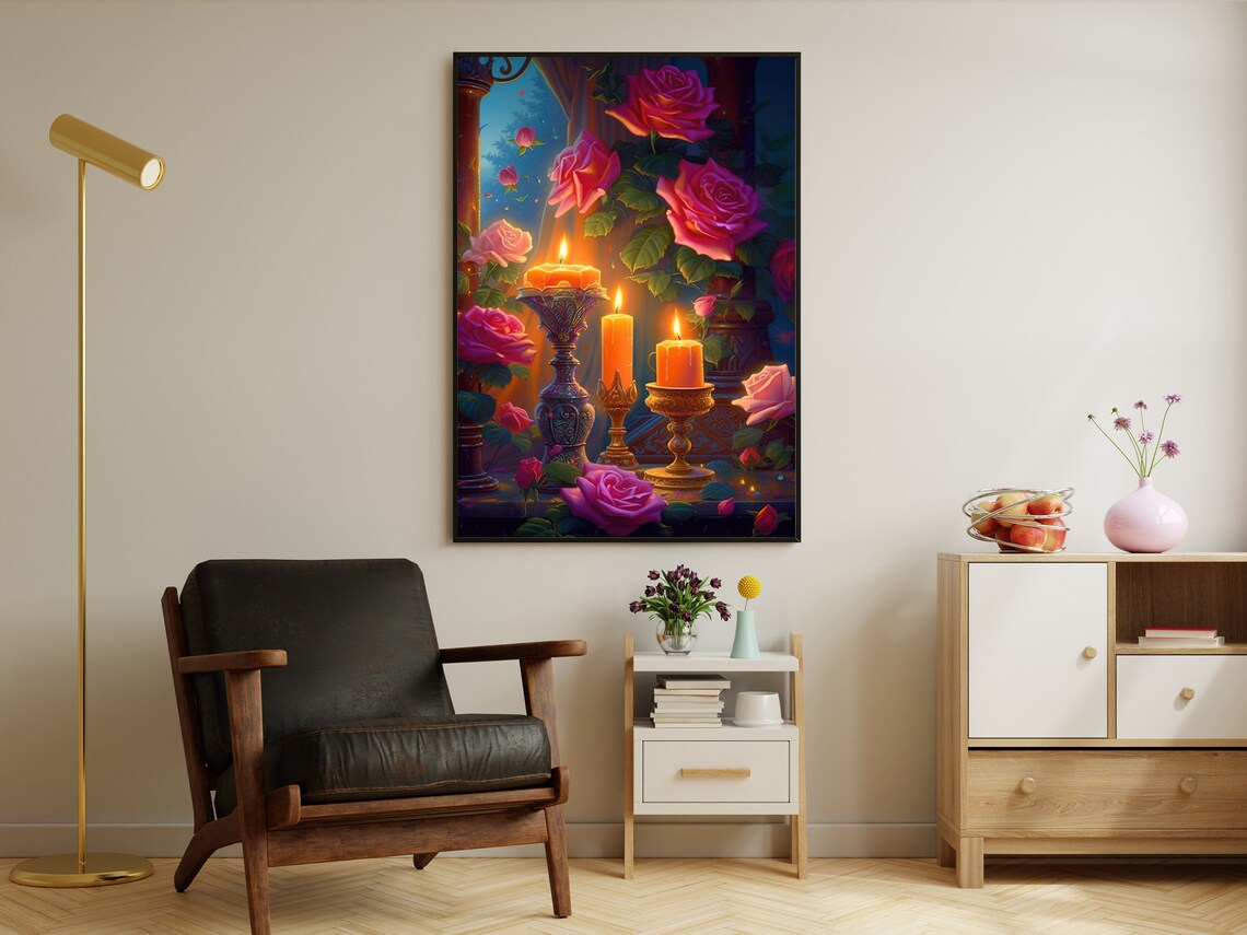 Lit Candles Red Roses Night Garden Glowing Romantic Still Life Art Poster - Image 2