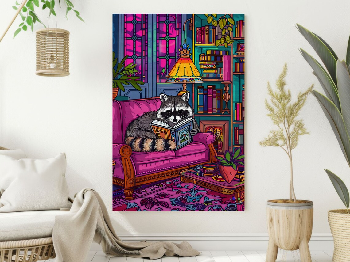 Raccoon Reading Book Cozy Library Maximalist Whimsical Animal Painting Print - Image 2