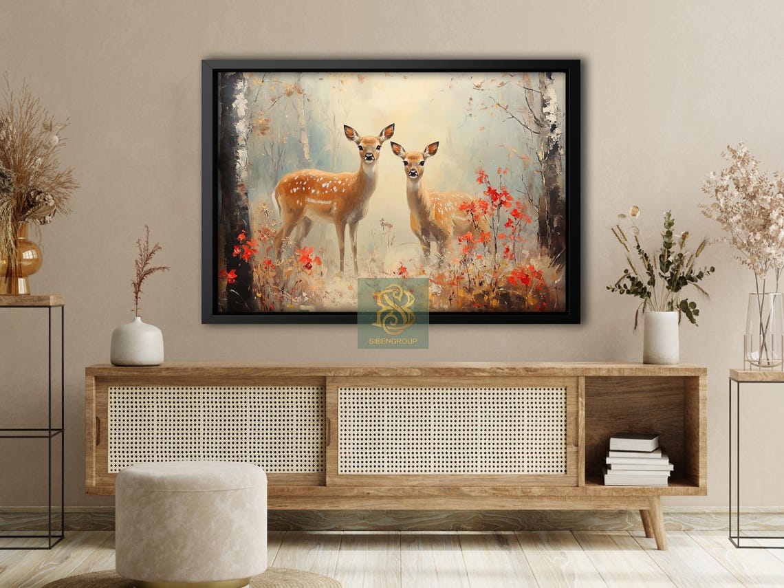 Two Spotted Sika Deer in Misty Forest With Red Berries Poster - Image 4